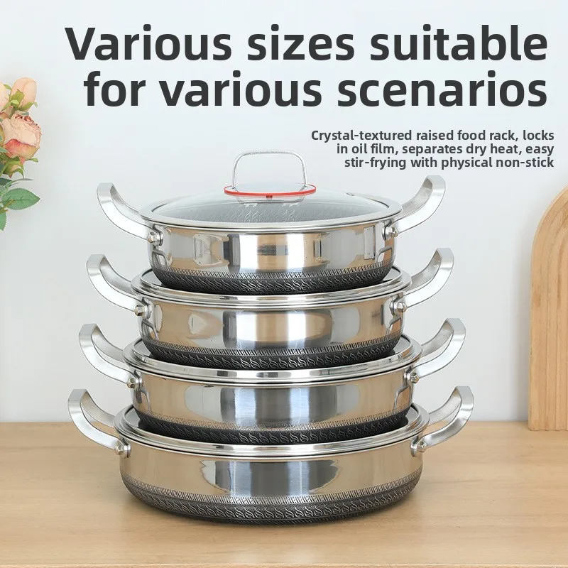 Binaural frying pan deepened 316 stainless steel flat bottom household pancake  gas multi-specification non-stick pan