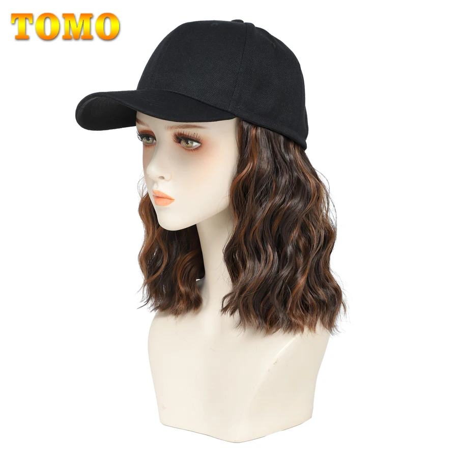 TOMO Baseball Cap Wig With Short Wavy Hair Extensions Synthetic Curly Wave Wig Hat Adjustable For Women Girls Ombre Black Brown