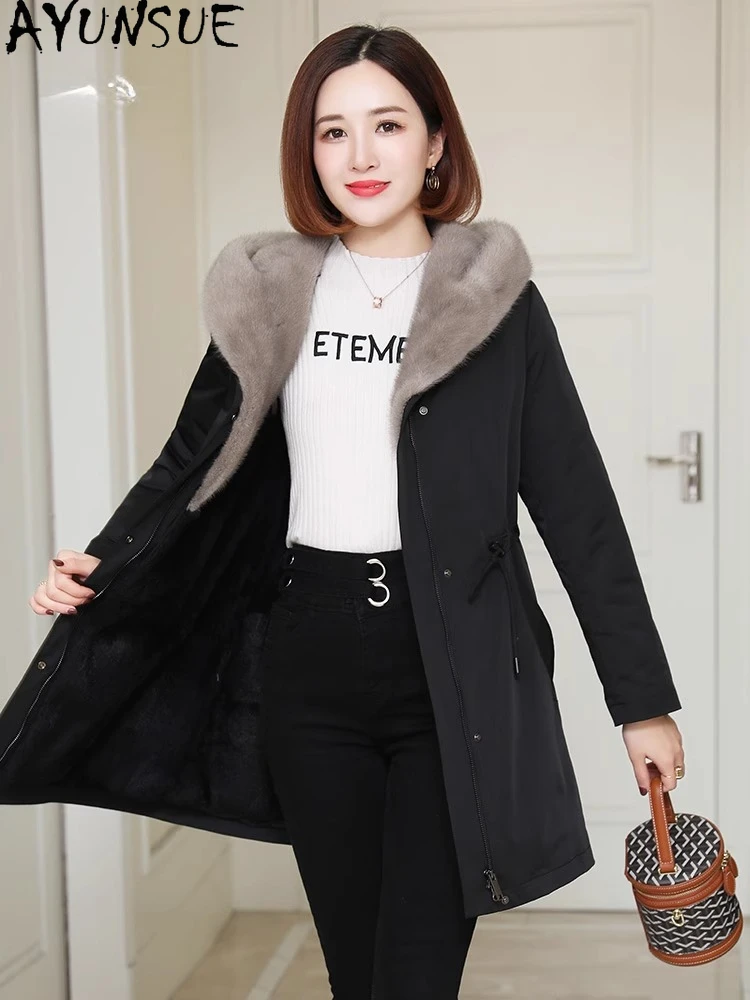 AYUNSUE ラビットファーコート レディース ミンクファー襟 冬服 ミドル丈 本物の毛皮パーカー 女性用コート パルトォ ジェンソーレ 取り外し可能な裏地