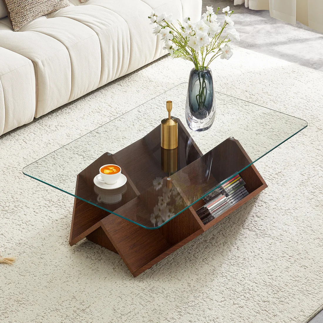 Multi-opberg salontafel in walnoot afwerking, gehard glas & MDF, ruime opbergvakken