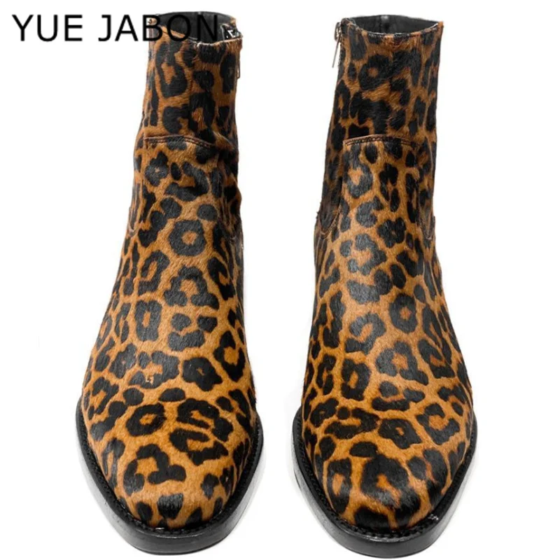 Leopard Print Genuine Leather Men\'s Ankle Boots with Zipper Business Men Chelsea Boots Free Shipping Zapatos Para Moto Hombre