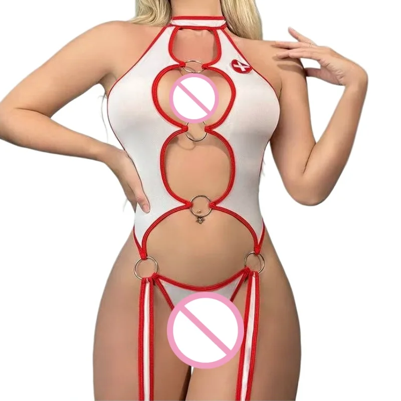 Sexy Cosplay Nurse Uniform Temptation Bodysuits Hollow Out Hanging Neck Sleeveless Deep V Bodysuits Charming Elegant