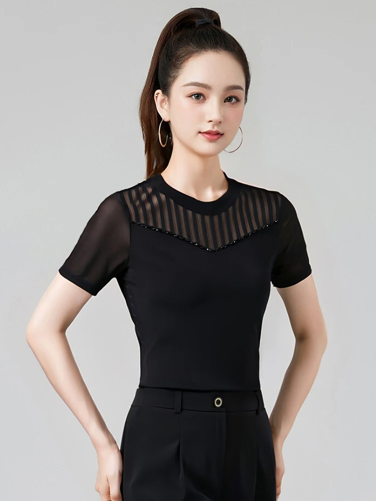 여성 볼룸 댄스 연습 탑 블랙 반팔 살사 라틴 댄스 탑 여성 블랙 모던 댄스 의상 DW10803