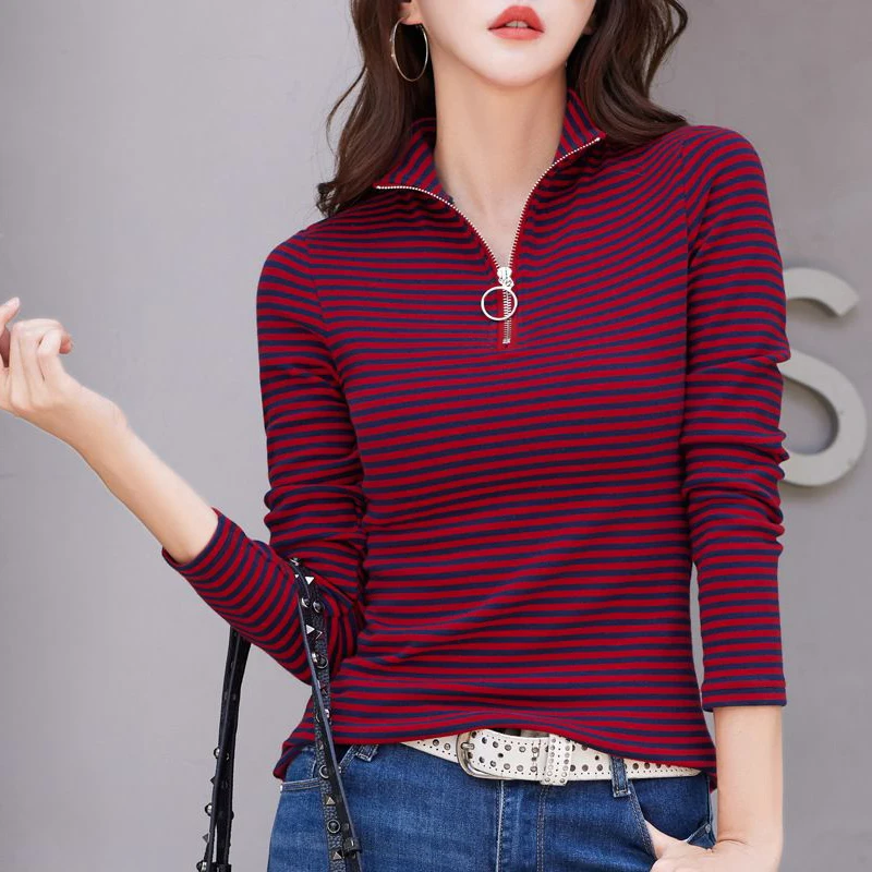 Women Korean Fashion Stand Collar Half Zipper Striped Cotton Basic T-shirt Casual Long Sleeve Slim Pullover Tops Ropa De Mujer