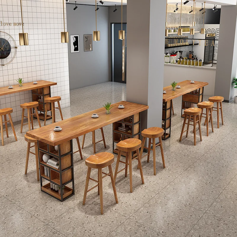 

Solid wood bar table, household long wall dining table, coffee shop milk tea shop high-footed leisure tables and chairs