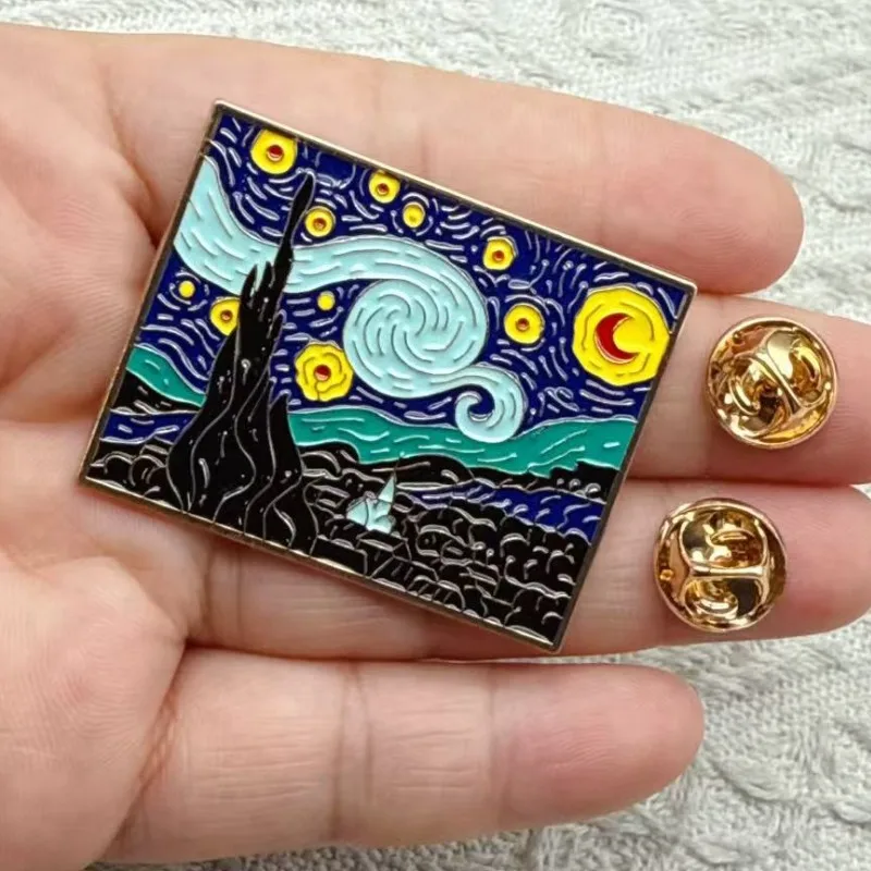 6pcs Van Gogh Oil Painting Brooch Personalized Sun Moon and Starry Sky Cartoon Creative Metal Badge Brooch Accessories