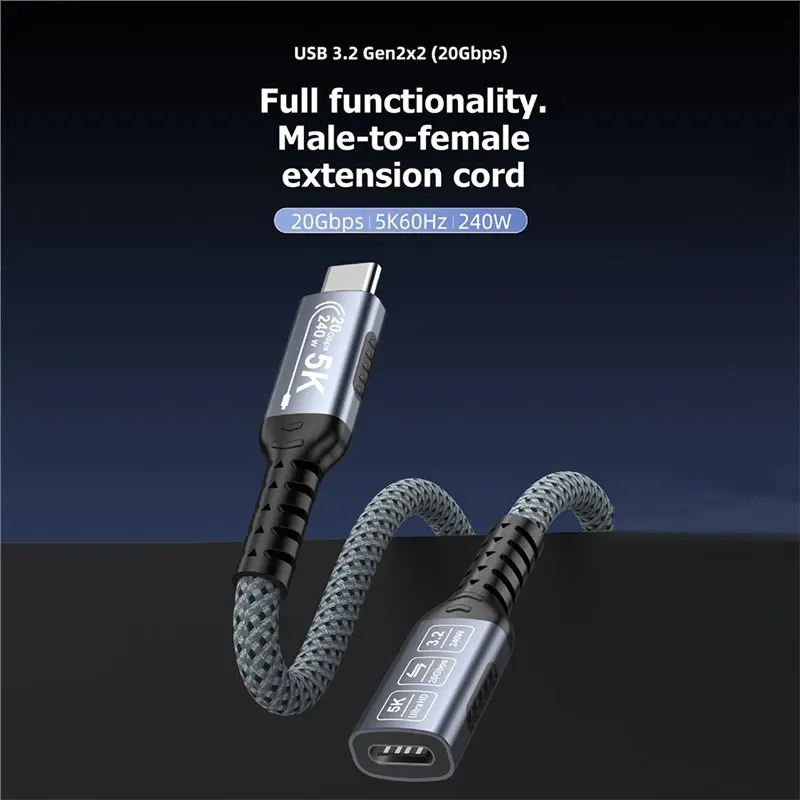 X64A-Type-C USB-C Male To Female Extension Cable 240W 20Gbps High-Speed Data Transmission Transfer For Laptop Chargers