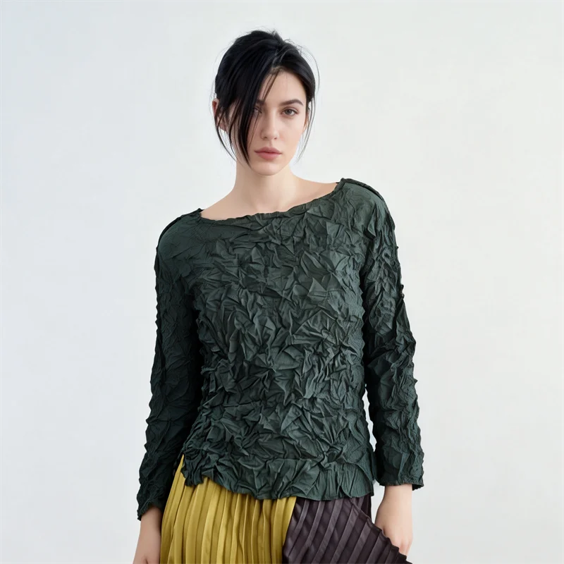 

Miyake style pleated casual top for women, Japanese design, solid color hand pleated crew neck long sleeve pullover
