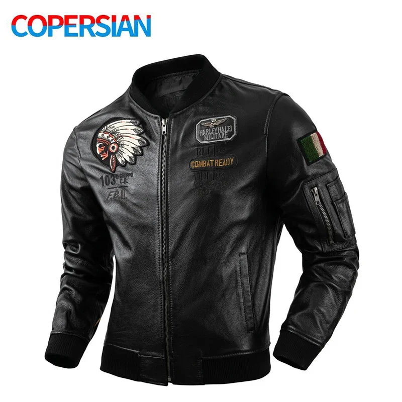 

New 2024 Indian Embroidery Baseball Uniform Pure Top Layer Cowhide Leather jacket Men's Motorcycle Slim Jackets