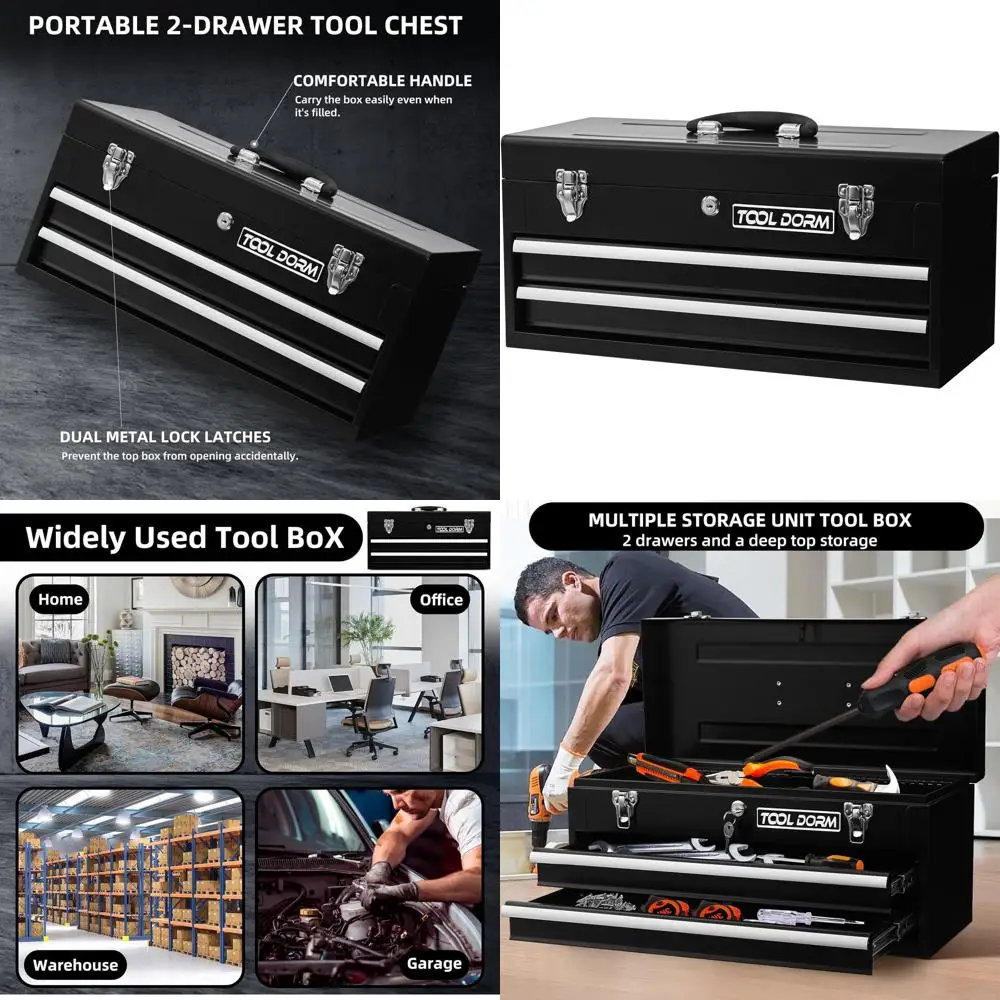 

Portable Steel Toolbox with Removable Liner, Lockable and Suitable for Garage, Home, and Warehouse Use (Black, 2 Drawers)