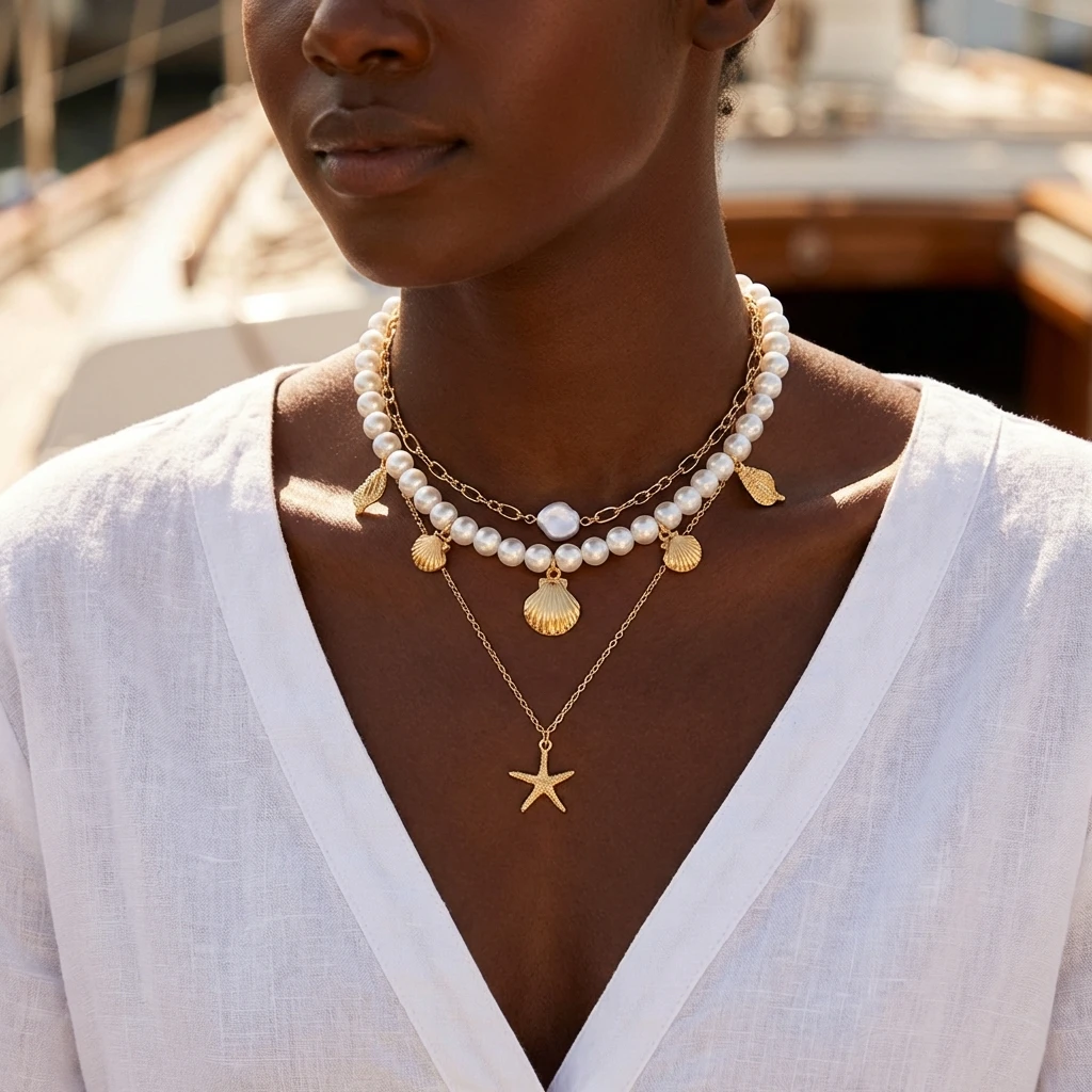 

Bohemian Multilayer Imitation Pearl Necklace for Women Gold Color Chain Starfish Shell Pendant Choker Summer Beach Jewelry Gift
