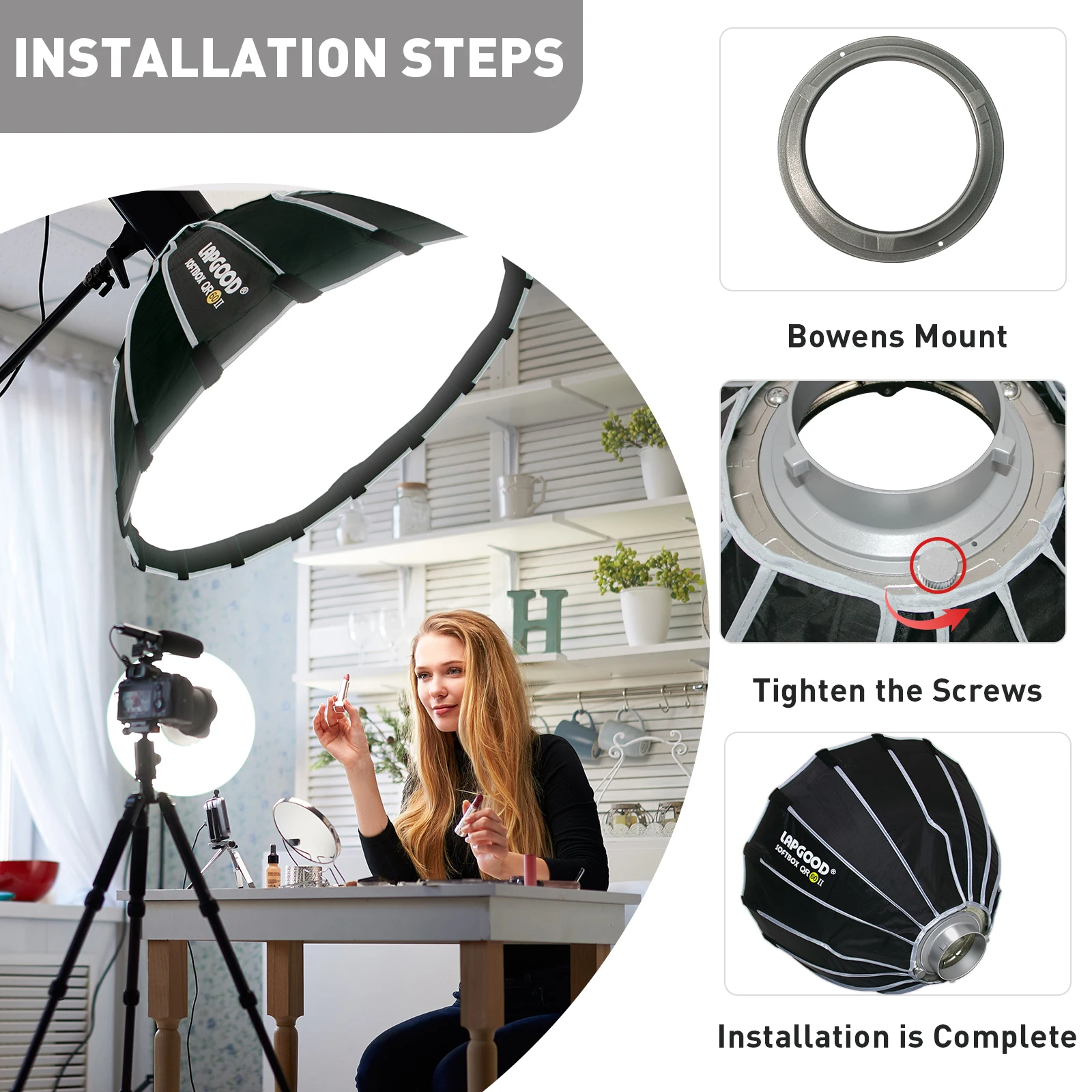 LAPGOOD Portable QR60II Quickly Fast Installation Deep Parabolic Softbox + Honeycomb Grid for Bowens Profoto Elinchrom Flash