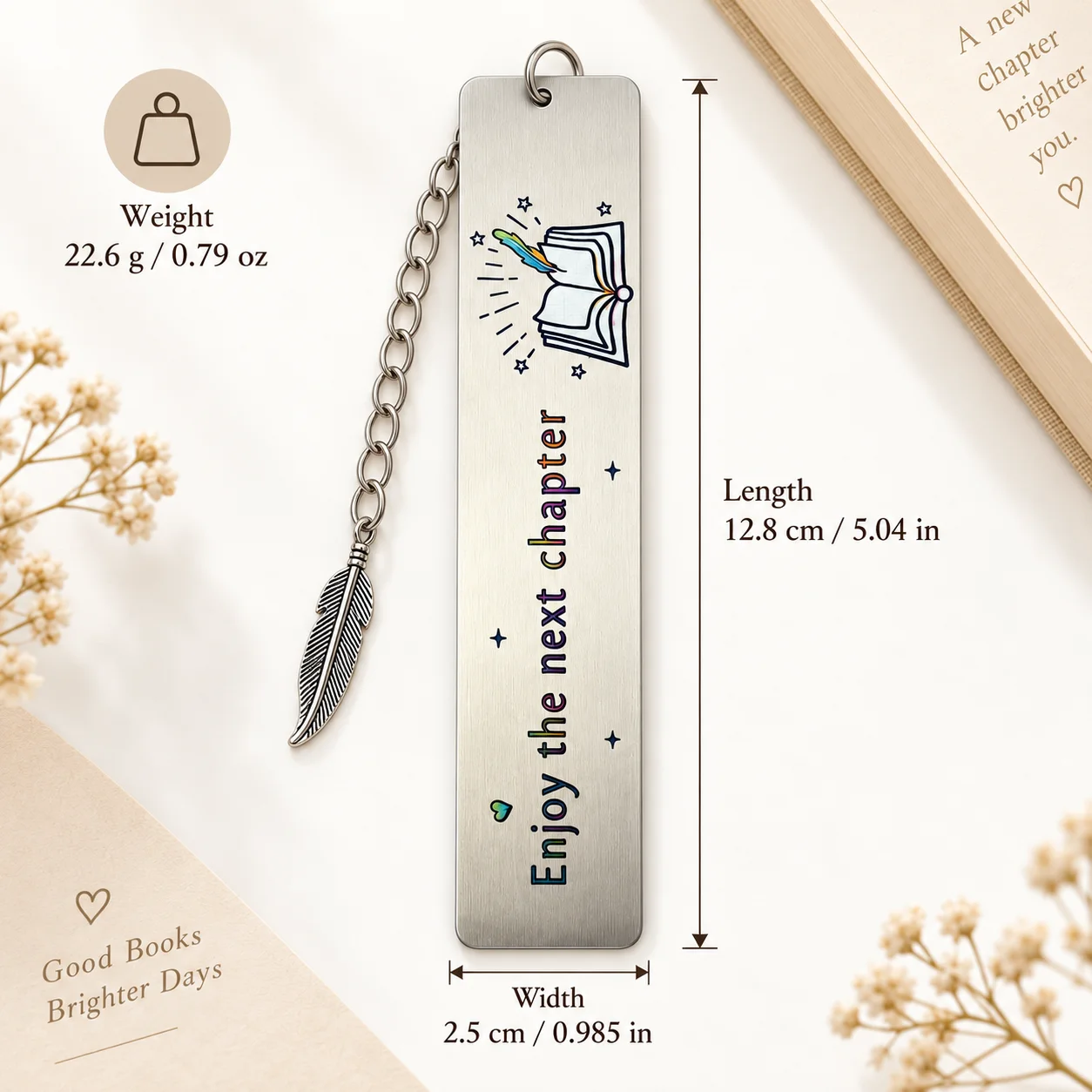 Feather pendant carved metal bookmark, enjoy the next chapter bookmark, book enthusiast graduation inspirational gift
