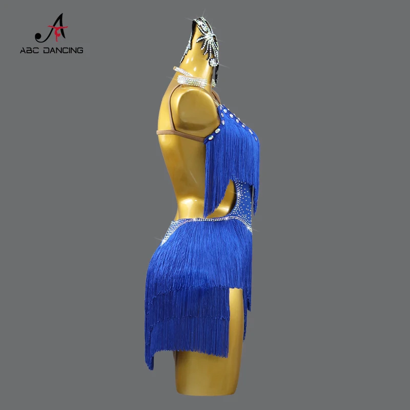 2024 New Latin Performance Dance Dress Women Sexy Outdoor Ball Party Fringe Skirt Sports Practice Wear Blue Line Suit Customized