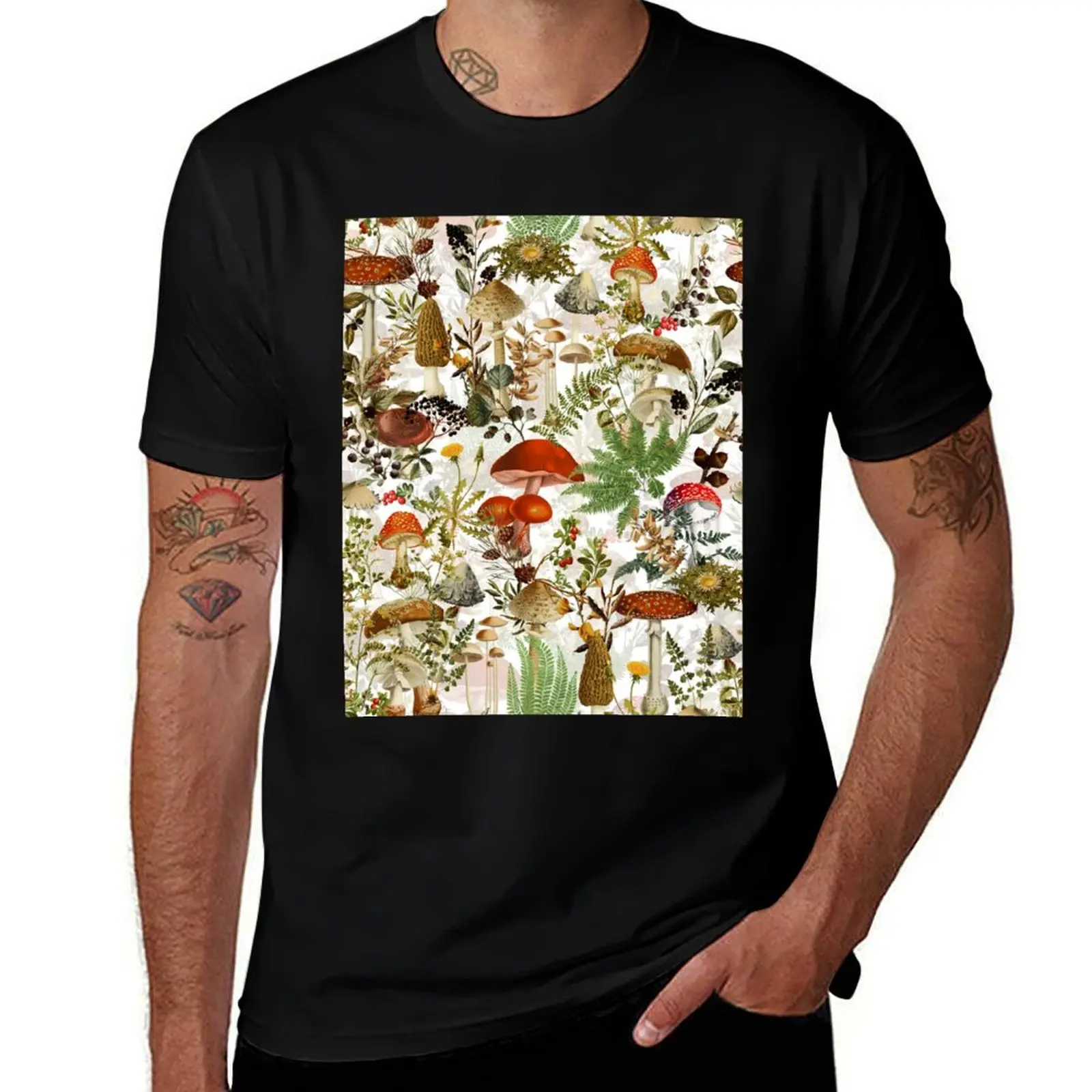 

Vintage Midnight Mushrooms Forest Botanical Garden Pattern - White T-Shirt shirts graphic vintage t shirts Men's clothing