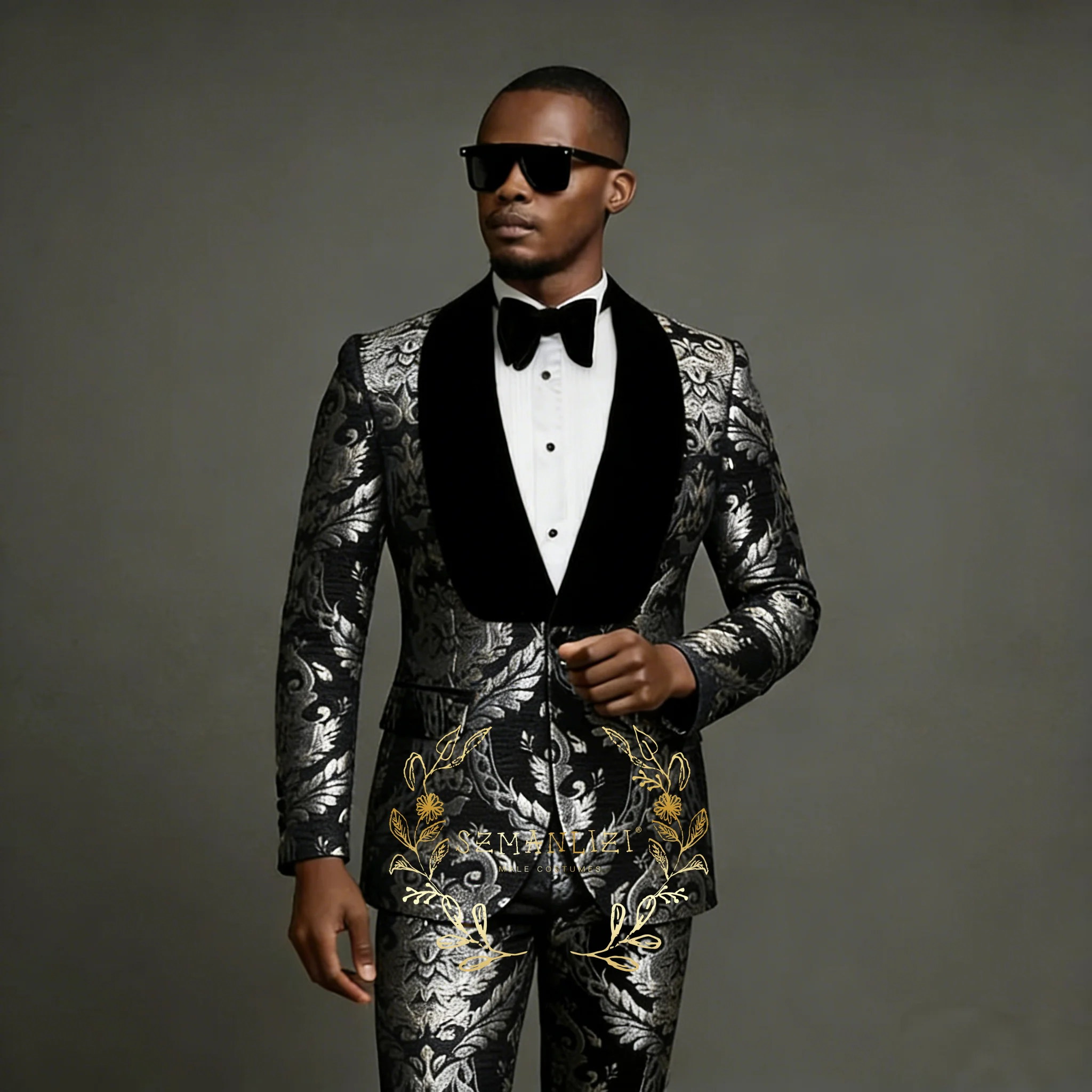 

Men's Floral Jacquard Suits Velvet Shawl Lapel One Button Luxury Male Dress 2 Pieces Suit Wedding Dinner Party Costume Homme