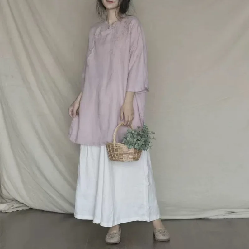 Été nouveau Style chinois femmes hauts mode rétro bouton brodé chemise femmes décontracté Camisas De Mujer