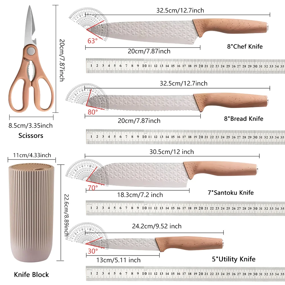 6PCS/Set Kitchen Knife,3CR13 Stainless Steel 8 inch Chef Knife Non-stick Coating,Kitchen Cooking Slicing Knife with holder