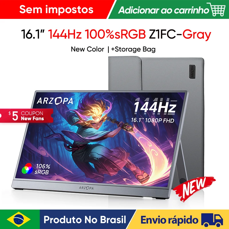 [رمادي فضائي جديد] شاشة كمبيوتر محمول محمول مقاس 16.1 بوصة 100% sRGB 144 هرتز مع حقيبة تخزين من النوع C Mini HDMI