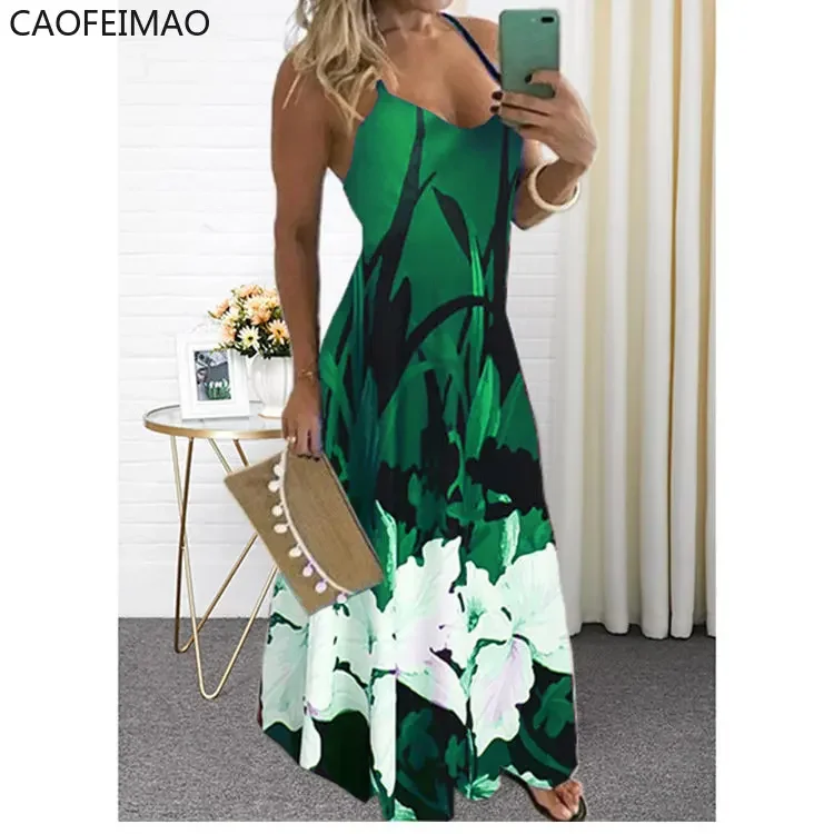 2023 Donne Casual Scollo A V Cinghie di Spaghetti Stampa Floreale Abito Lungo Estate Sexy Boho Orlo Grande Sling Maxi Abiti Robe Femme