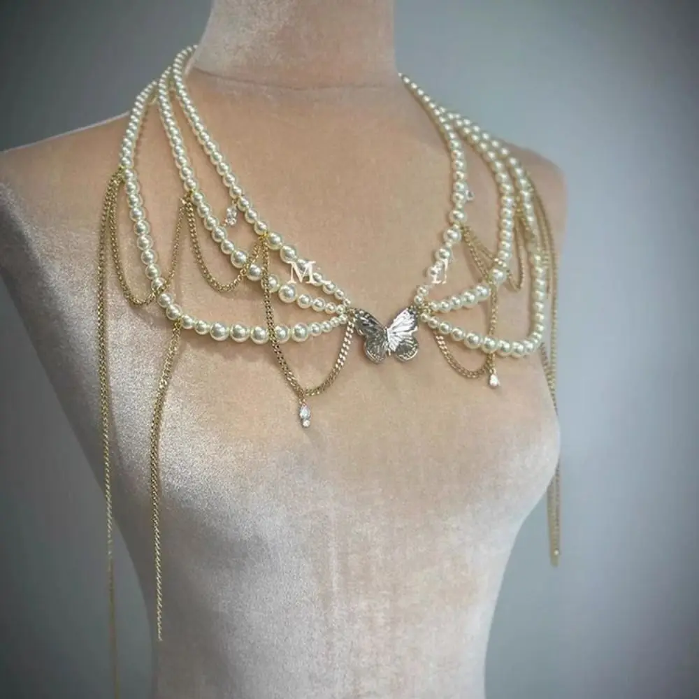 Moda elegante multicapa perla cintura cadena estilo coreano mariposa Sexy cuerpo cadena cinturón borla vientre cadena regalo