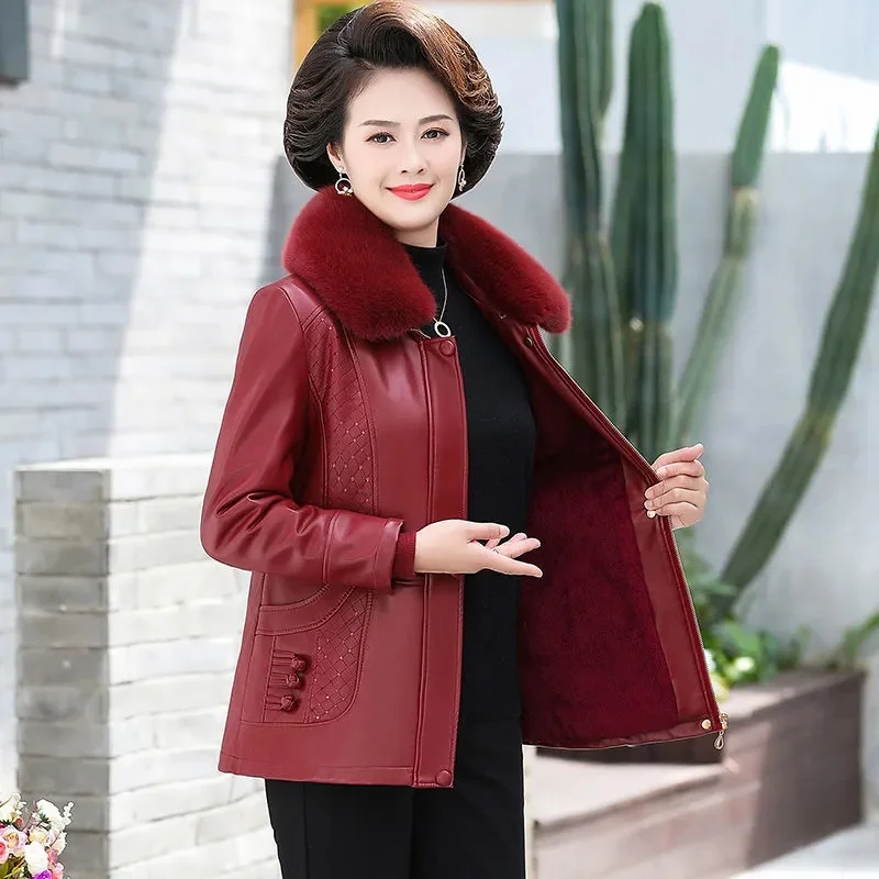 Middle-aged Winter PU Leather New Women\'s Winter Jacket Add Velvet To Keep Warm Coat Mom Mid-length Leather Overcoat 6XL A