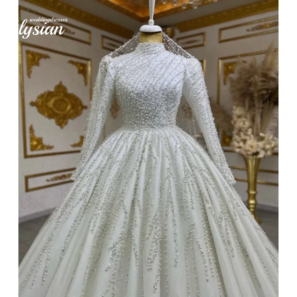 فساتين زفاف إسلامية مخصصة بأكمام طويلة ورقبة عالية من الساتان فستان زفاف رداء فيستدوس دي نوفيا