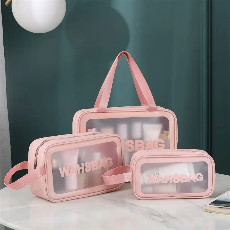 Borsa cosmetica da donna trasparente 3 pezzi Set borsa da bagno impermeabile borsa da bagno in PVC di grande capacità borsa da viaggio portatile