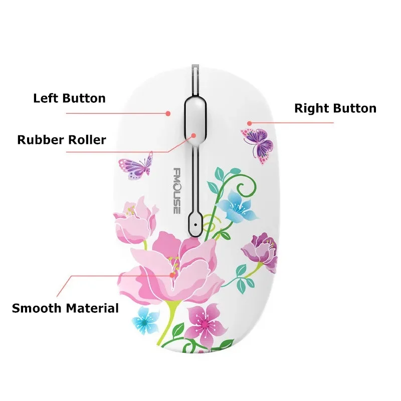 Wireless Mouse 2.4G Portable Silent and Ergonomic Mice for PC Mac Laptop Office Supplies Butterfly Flowers Exquisite Appearance
