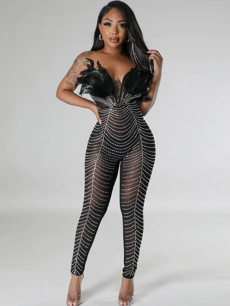 Neeleywall New Chic See-Through Sheer Mesh Crystal Jumpsuits Glam Feather Diamonds Strapless Rompers Overalls Birthday Outfits