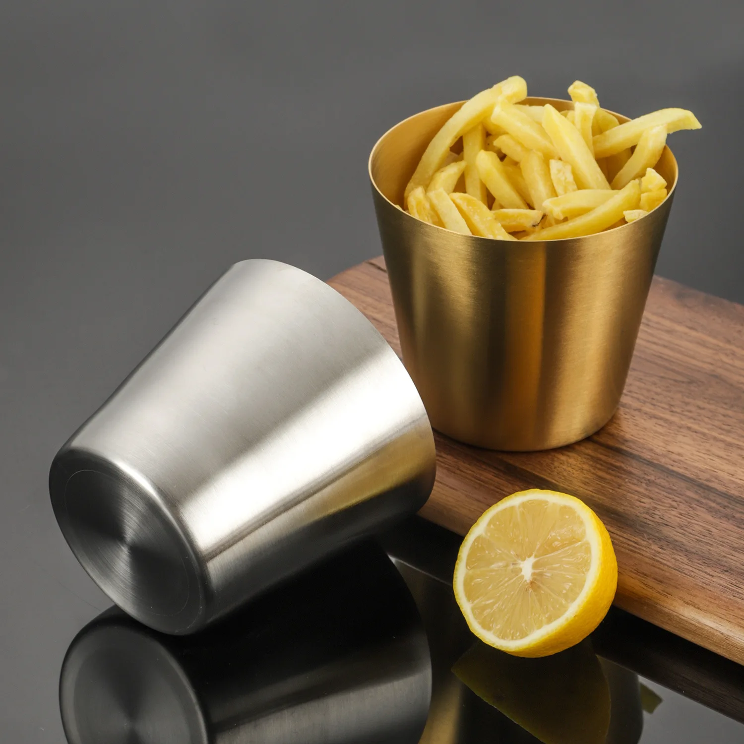 10 Uds. Taza creativa de bebida fría para aperitivos fritos de acero inoxidable 304, taza para la boca, plato para salsa de tomate