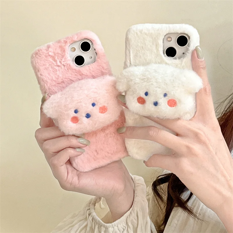 

Cartoon Solid color Plush Phone Case For iPhone 16 Pro 14 Plus 11 12 13 15 Pro Max Shockproof Cover Cute Puppy Protection Cases