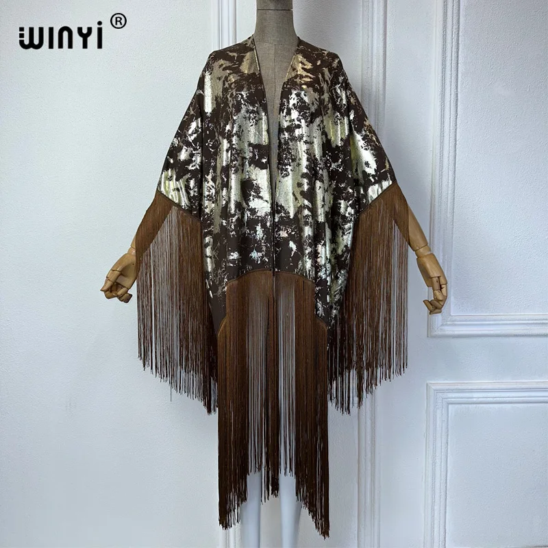 WINYI kimono cover-ups summer boho print Bikini Cover-up Elegant fashion Cardigan sexy Holiday long Sleeve tassels maxi dress