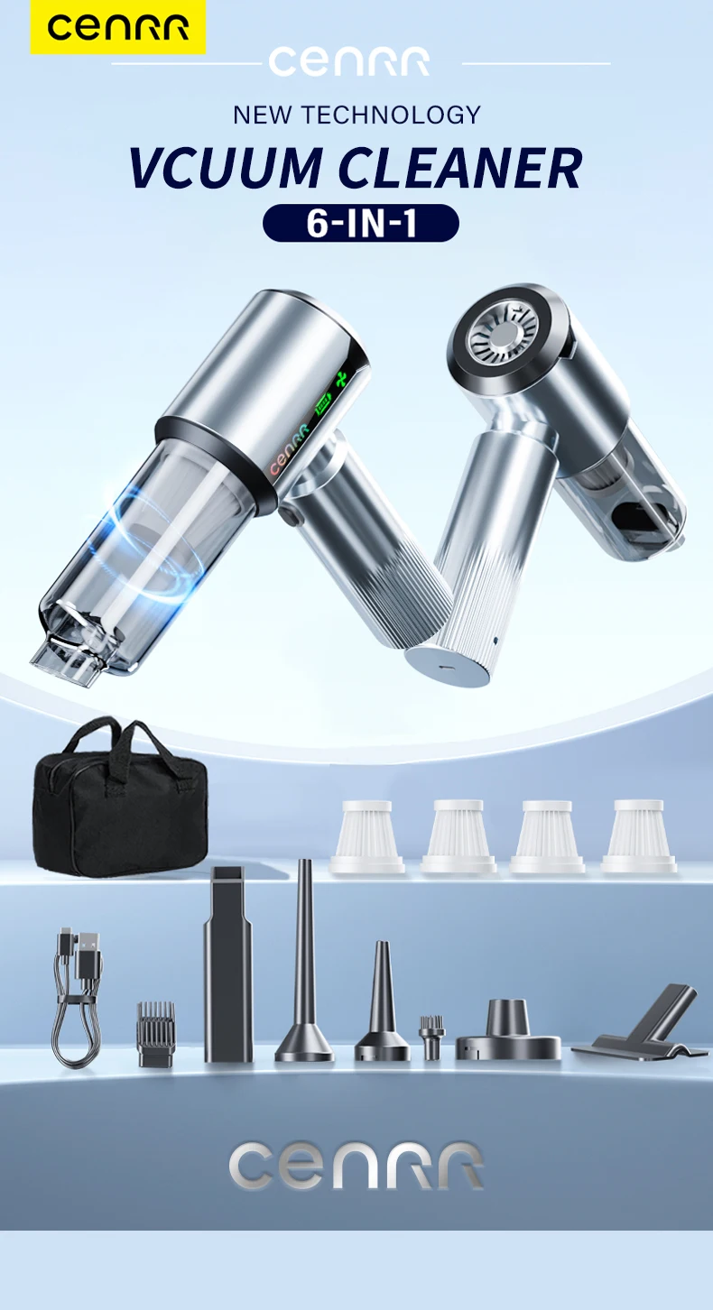 CENRR New Car Vacuum Cleaner Wireless Mini Powerful Portable HandHeld Car Cleaner LED Power Display Gift Lamp Air Gun 7500mAh