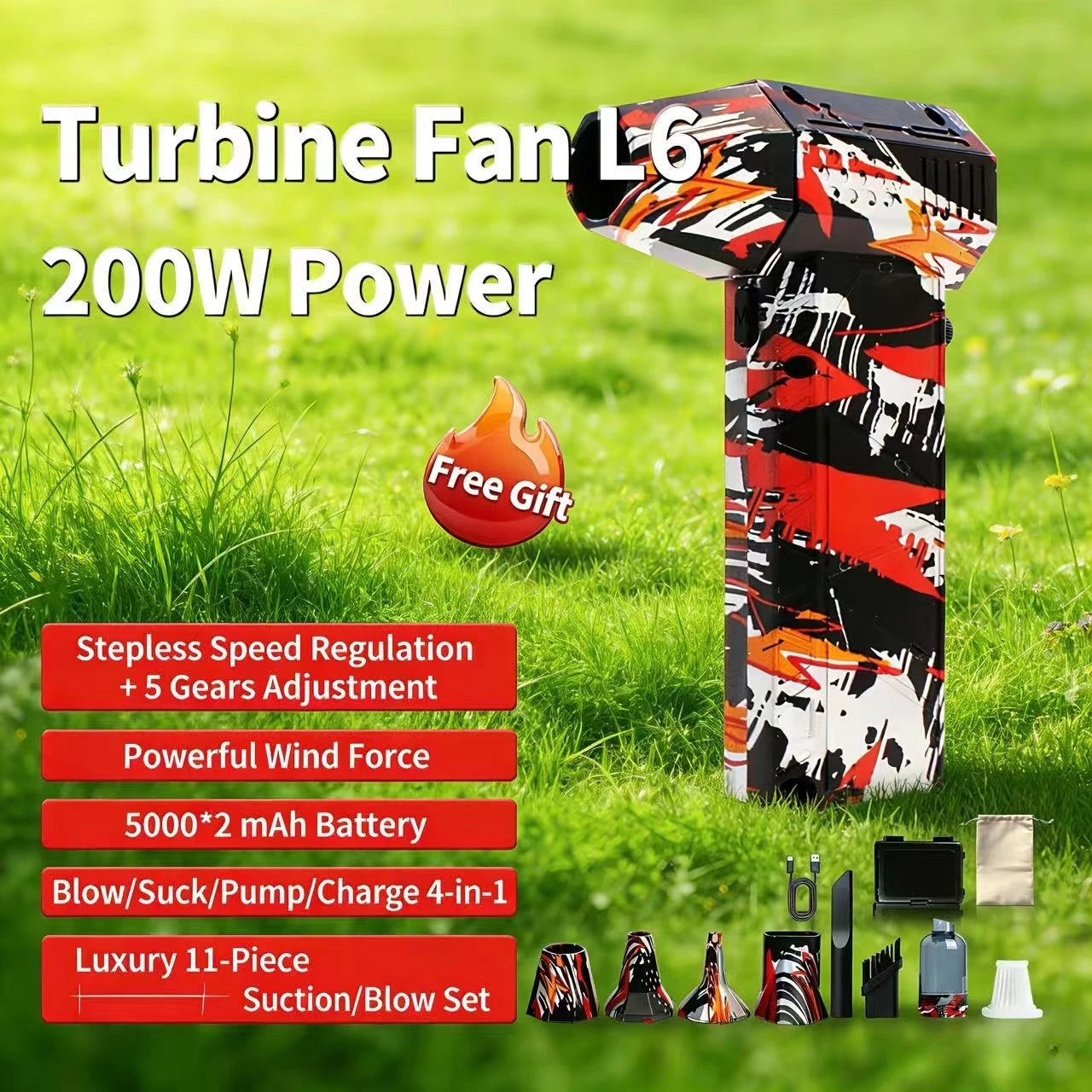 

Фен L6 Turbo Jet, 200 000 об/мин, скорость ветра, 53 м/с, перезаряжаемый, мощный фен, всасывающая насадка для пылесосов.