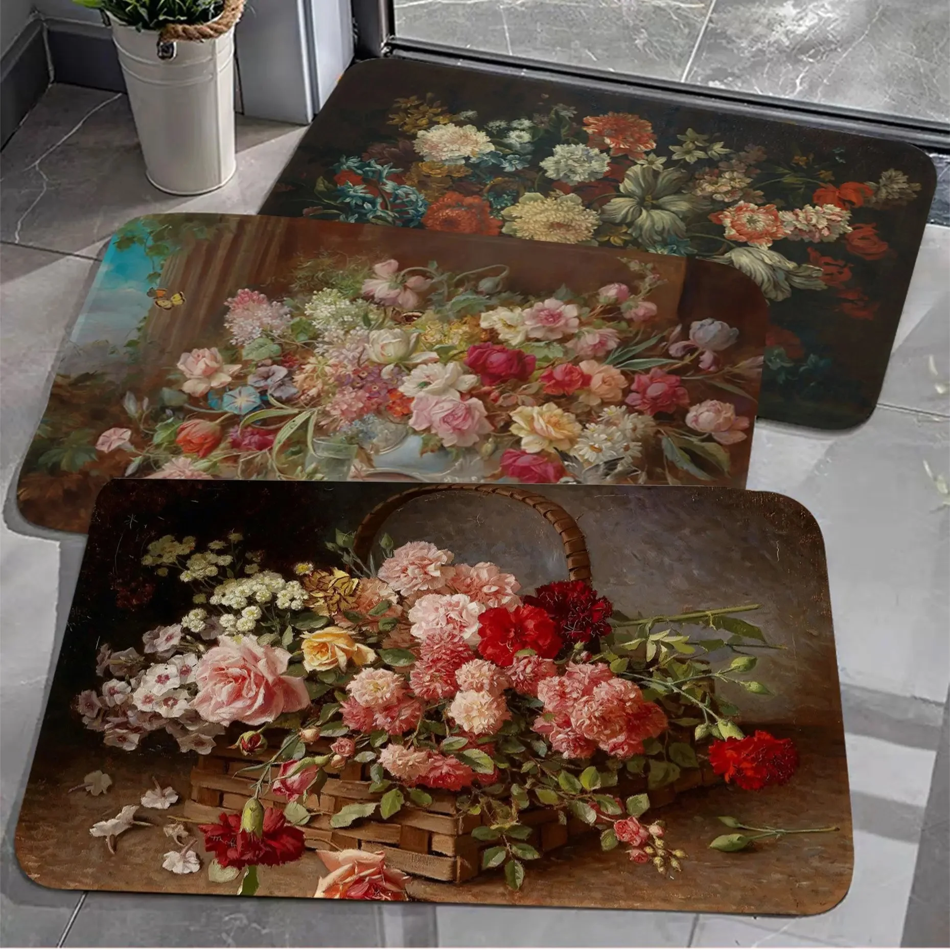 Retro floral oil painting printed area rug non-slip absorbent bathroom toilet entrance door mat home bedroom decoration