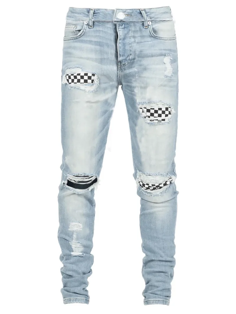 

Men's Jeans Fashion Pencil Pant Skinny Solid Ripped Patchwork Denim Zipper Fly Streetwear Ankle-length Slight Strech Jeans