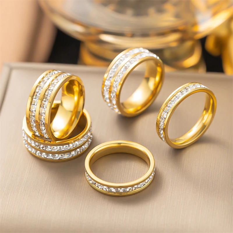 316L Stainless Steel Fashion Fine Fine Jewelry 3 Metal Colors Embedded Dazzling Single Double Row Zircon Rings For Women Male