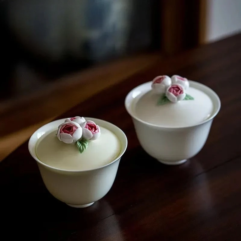 

125ml High-end Handmade Pinch Flowers Gaiwan Tea Tureen Bowl with Lid Kit Tea Maker Cover Bowl Chinese Set Ornaments