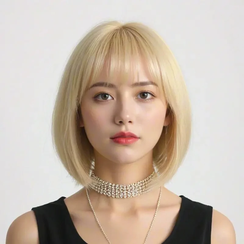

12-inch golden synthetic wig with bob hairstyle, short straight hair with fringe, high-temperature hair extensions