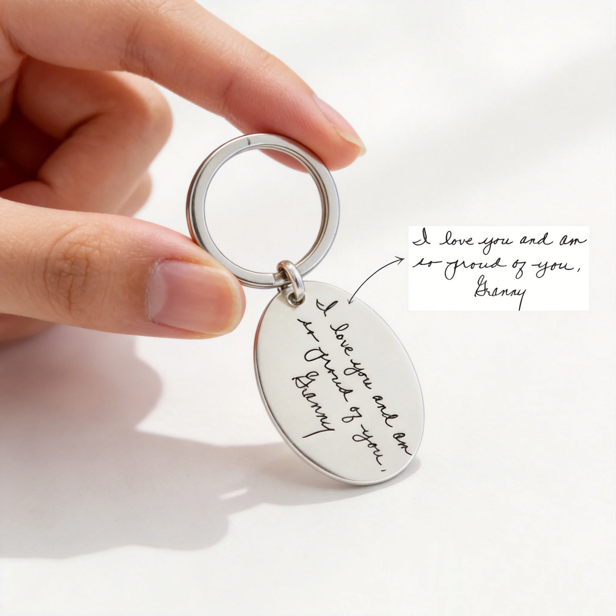 Custom Real Handwriting Engraved Stainless Steel Keychain Personalized Hand Script Text Keepsake Gift for Mom Daughter Family