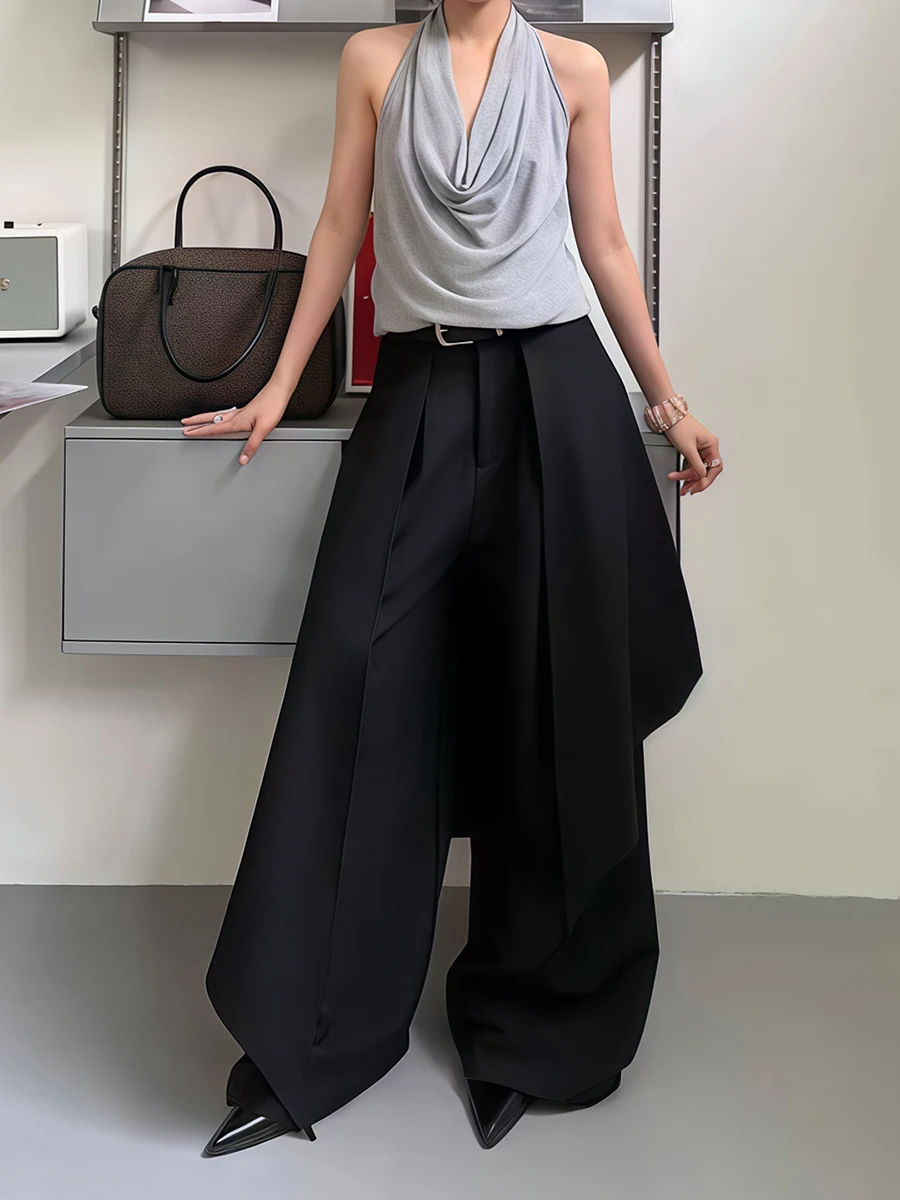 RORORIRI Vrouwen Zwarte Cargo Wijde Pijpen Broek Techwear Koreaanse Lazy Chic Loose Fit Fake Tweedelige Lange Broek Kantoor Outfit
