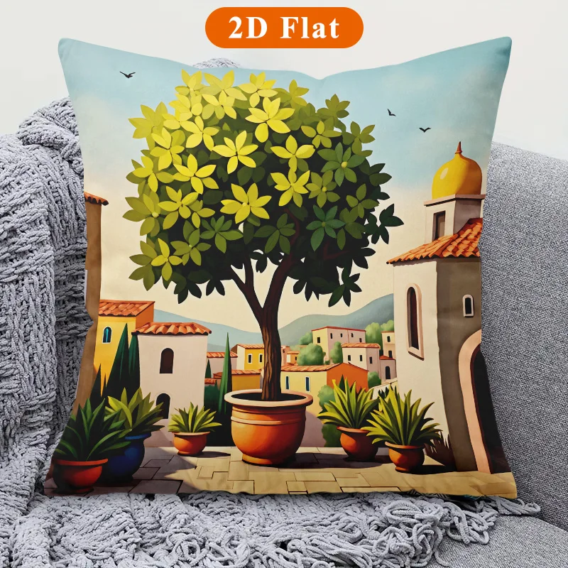Mediterranean Landscape Pillowcase, Lemon Tree Village Cushion Cover, Italian Coastal Scenery Home Decor for Sofa Living Room