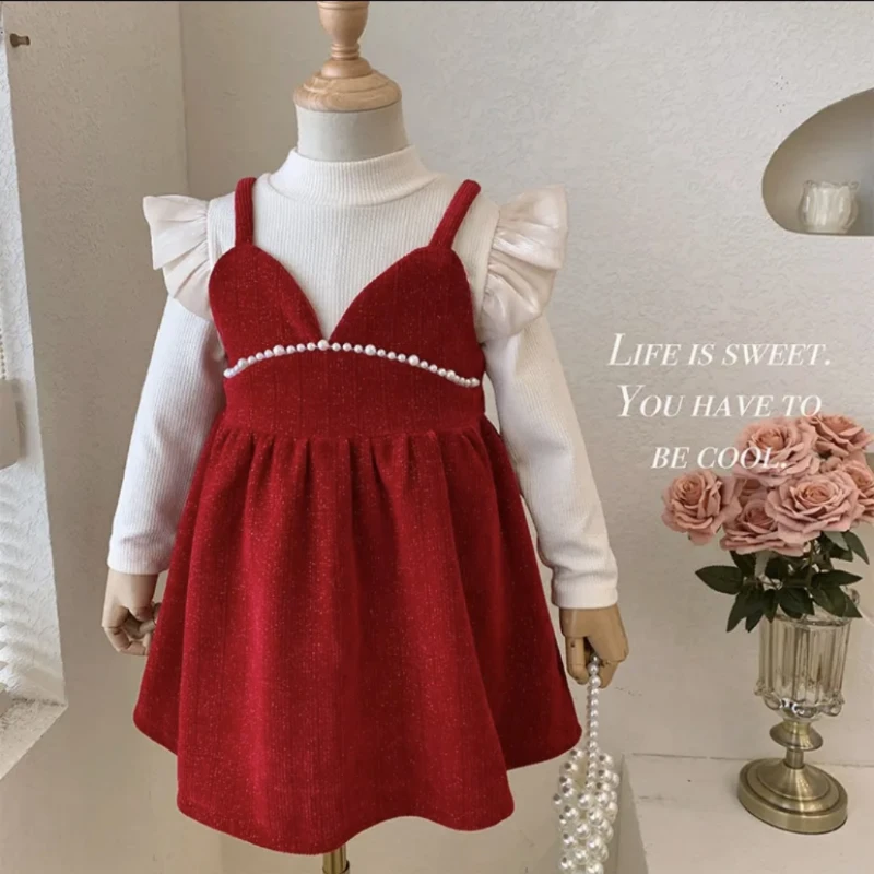 

Girl Outfit Set Autumn Spring Knit T-Shirt Top Strap Dress Party Dresses Christmas Children's Clothing Birthday Girls Clothes