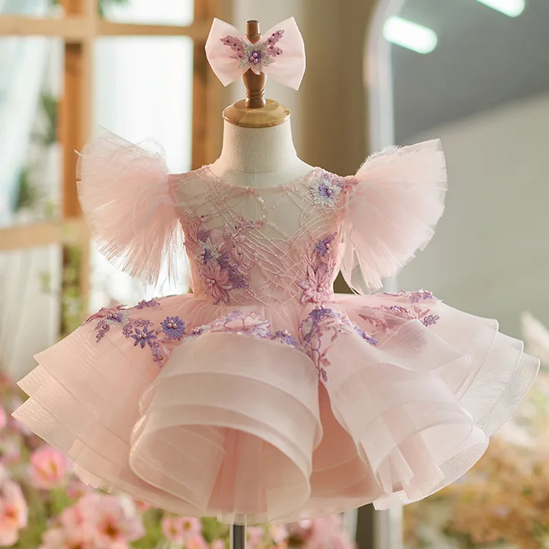 0-12 Year Old Baby Dress New Pearl Feather Birthday Party Fluffy Evening Dress Small Flying Sleeves Tulle Girl Princess Dress