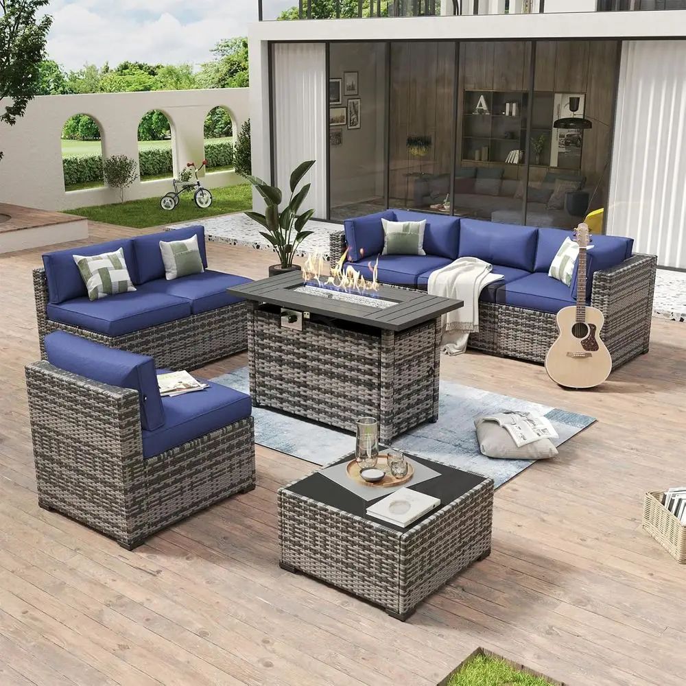 

8-Piece Outdoor Patio Furniture Set with 44 Fire Pit Table, Wicker Rattan Sectional Sofa with Waterproof Cover and Cushions (Gre