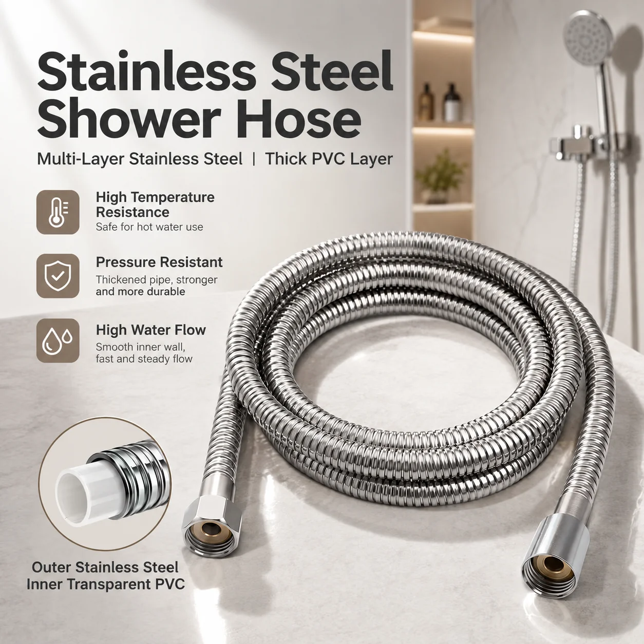 Stainless Steel Shower Hose Flexible Tubing Anti Kink Handheld Showerhead Replacement Leak Proof Universal Bathroom Parts