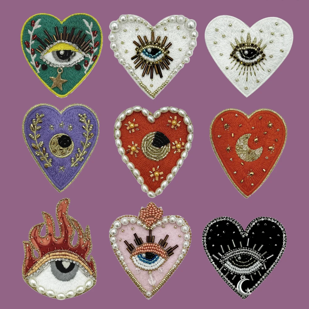 Handmade Fashion beaded embroidered eyes Patches Sew-On for Clothes dress rhinestone colorful heart Appliques Decoration Badge