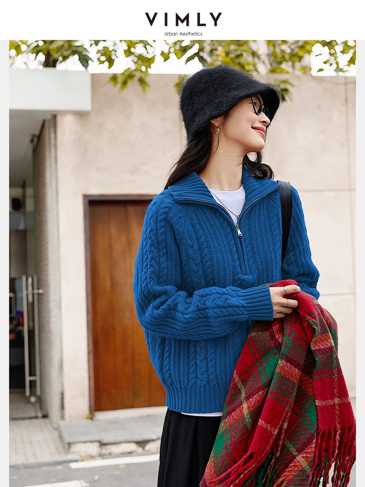 Vimly feminino 100% lã pullovers camisola casual outono 2025 feminino manga longa camisola alta pescoço strecth senhoras camisola 73737