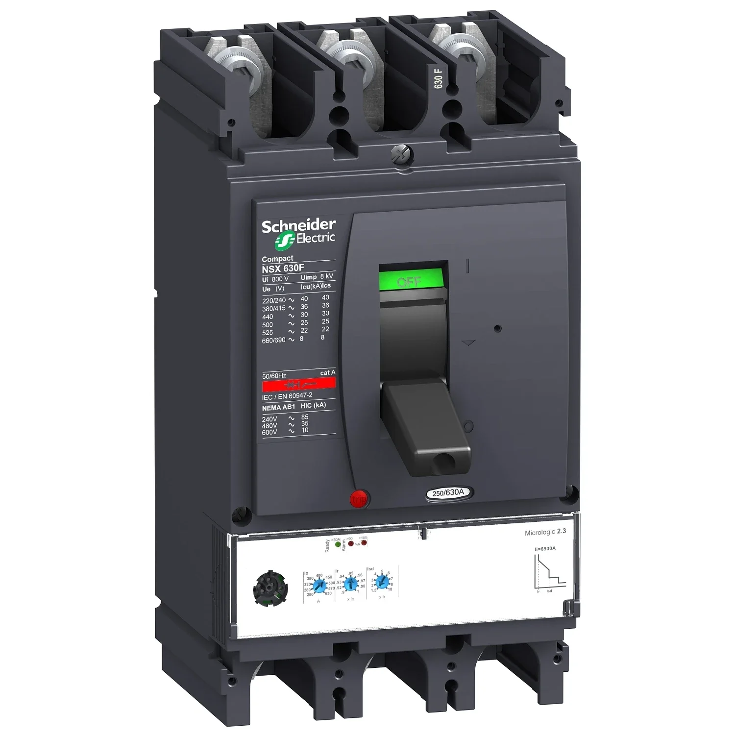 LV432876 Circuit breaker Compact NSX630F 36 kA at 415 VAC, Micrologic 2.3 trip unit 630 A,3P3D